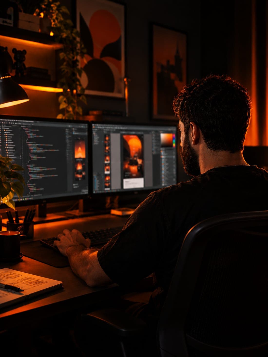 Two screens on one desk, an editor open on the left and a layout on the right